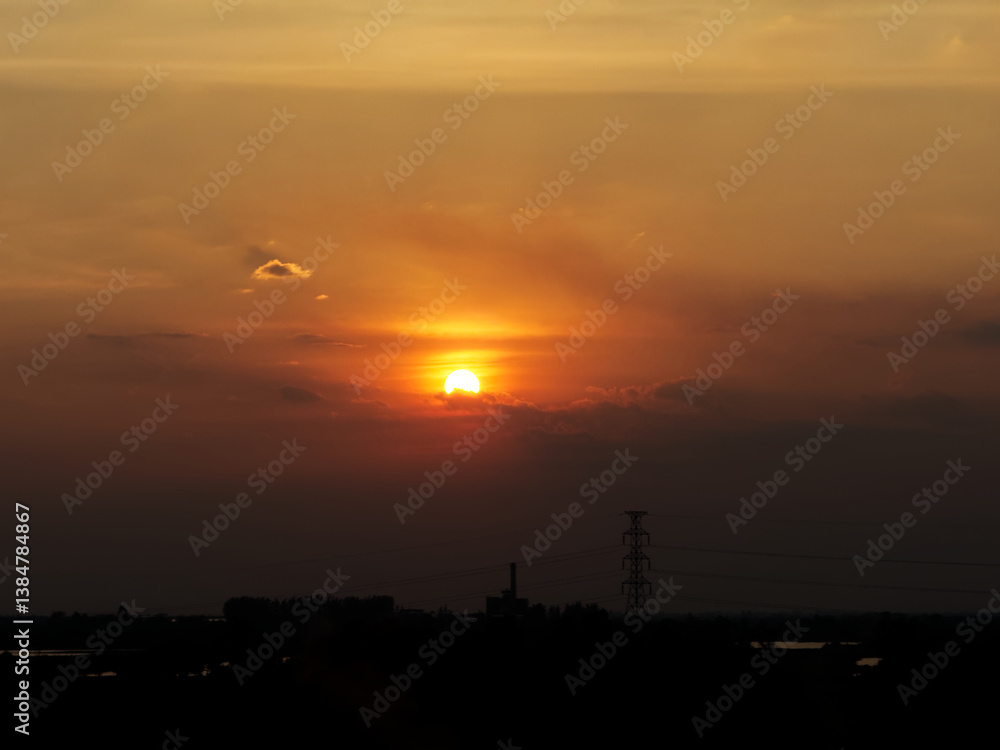 Fototapeta premium Sunset with shadow of electric pole, evening sunlight
