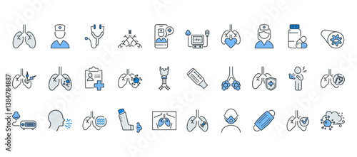 Set of line icons on respiratory health. Shows asthma, lung disease, and cough treatment. Covers respiratory diseases, tuberculosis, and prevention.