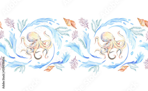 Seamless border of watercolor sea elements with octopus, shells, seaweed and waves