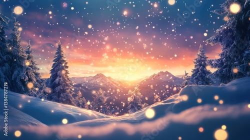 Enchanting winter landscape with snowy mountains and magical light snowfall
