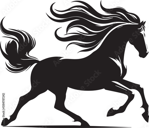 Black horse vector illustration silhouette of a wild running stallion