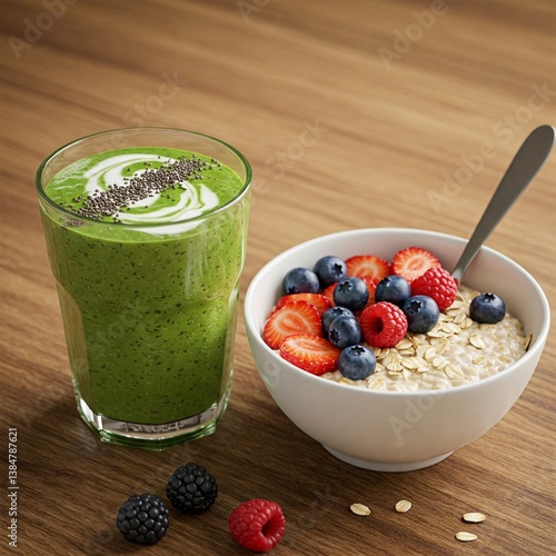 Delicious health breakfast with smoothie, oat toppings, and fruit, rustic surface, colorful aesthetic, clean meal plan.