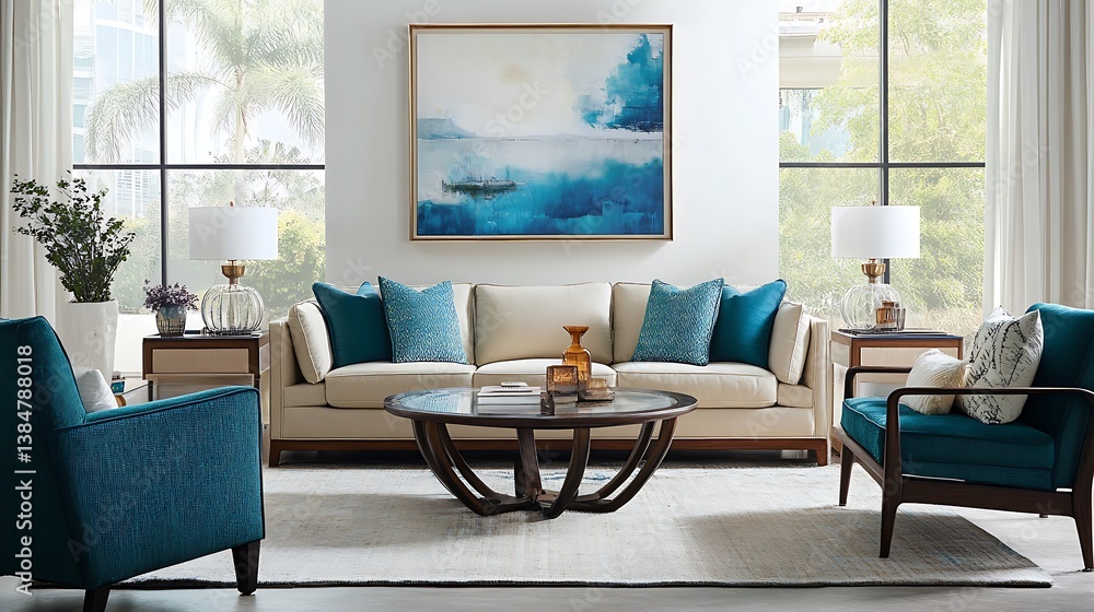 Fototapeta premium Modern living room furniture is arranged around a round table. The Adobe Stock picture is well-lit and likely to be accepted.