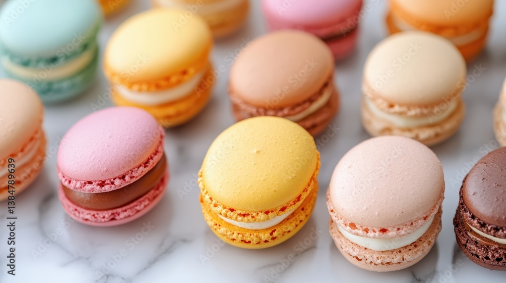 Colorful Macarons Displayed on Elegant Marble Surface Colorful Macarons Displayed on Elegant Marble Surface