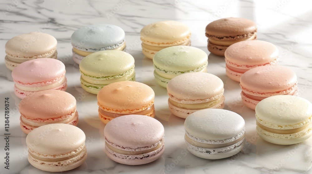 Obraz premium Colorful Macarons Arranged Neatly on a Bright Marble Surface