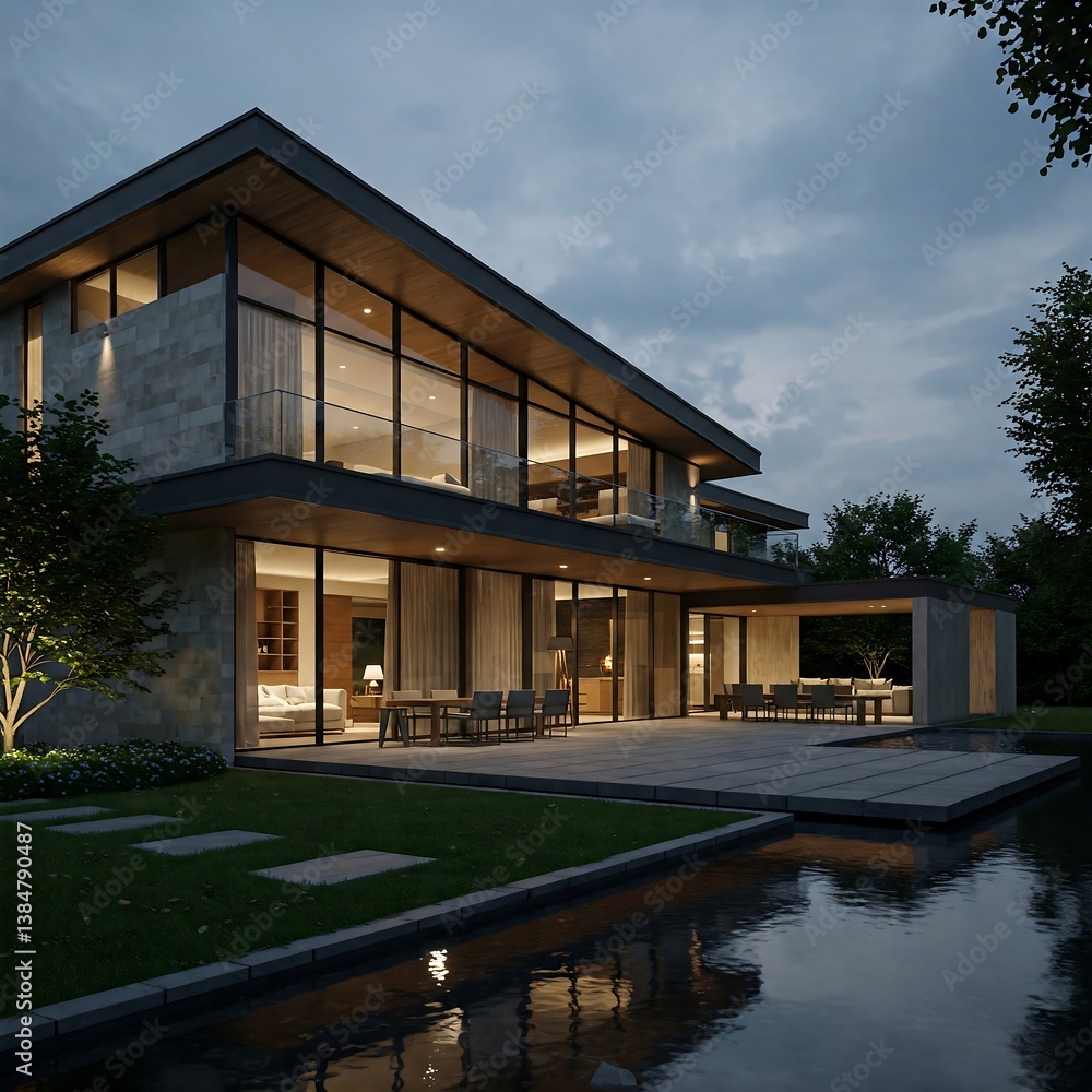 Modern house architecture design with large windows and outdoor living space at twilight for real estate Modern house architecture design with large windows and outdoor living space at twilight for real estate