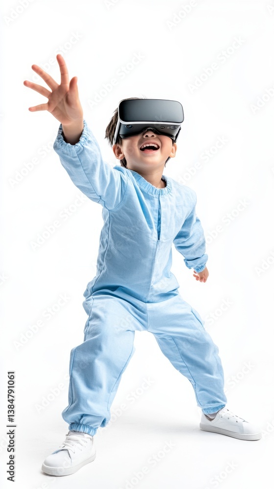 Excited Boy Experiencing Virtual Reality with Headset on a White Background Excited Boy Experiencing Virtual Reality with Headset on a White Background