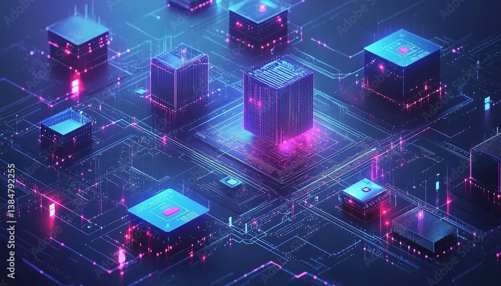 Futuristic Circuit Board with Glowing Cubes Futuristic Circuit Board with Glowing Cubes