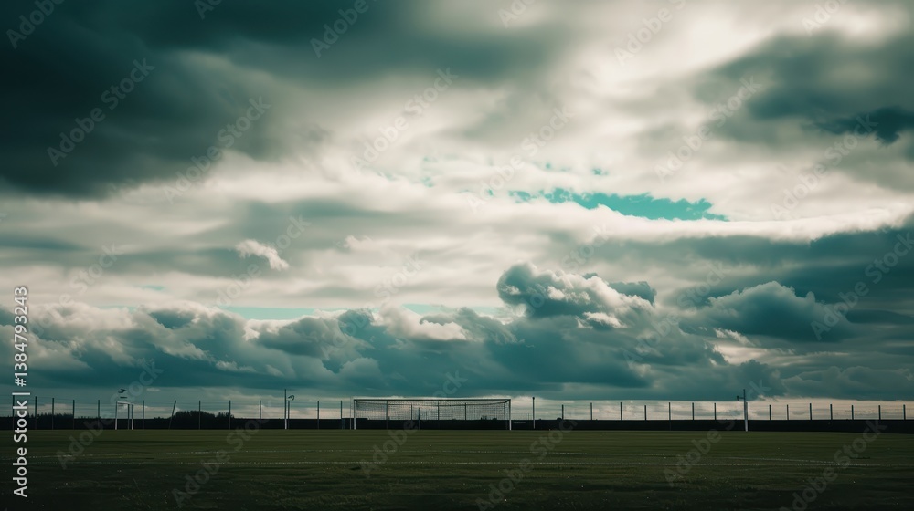 Dramatic Cloudy Sky Over Empty Soccer Field in Quiet Afternoon Light Dramatic Cloudy Sky Over Empty Soccer Field in Quiet Afternoon Light