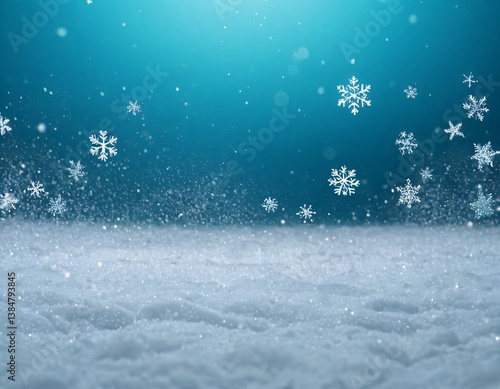 무작위로 떨어지는 눈송이. 눈 내리는 하늘 흰색 청록색 배경.