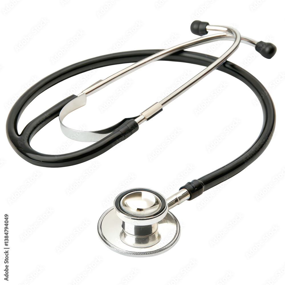 A shiny stethoscope with a black rubber tubing, commonly used in medical examinations to listen to heartbeats and lung sounds.