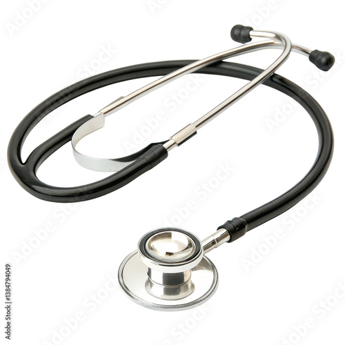 Obraz na płótnie A shiny stethoscope with a black rubber tubing, commonly used in medical examinations to listen to heartbeats and lung sounds. w salonie