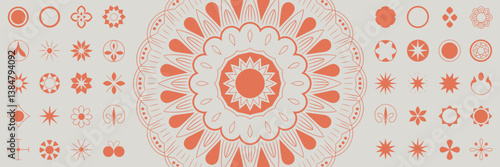 Orange mandala pattern vector icon set with layered geometric and flowing elements.