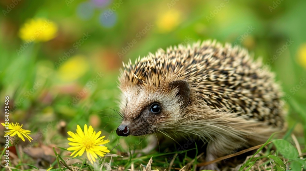 Fototapeta premium A hedgehog exploring the British hedgerow. stock photo --ar 16:9 --style raw --v 6 Job ID: b2bc64ac-7d91-49d3-bc91-e915945232c1
