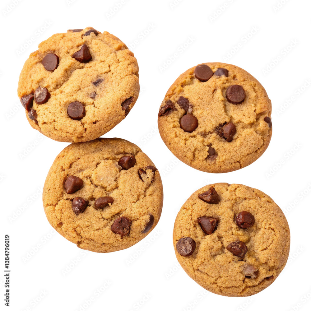 A collection of chocolate chip cookies, showcasing their golden-brown color and scattered chocolate chips. A collection of chocolate chip cookies, showcasing their golden-brown color and scattered chocolate chips.