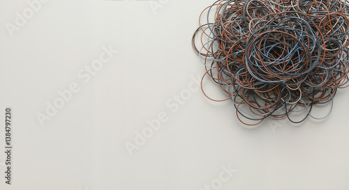 Tangled mess of colorful copper and electrical wires on white surface. Network chaos and connection complexity concept for technology infrastructure challenges