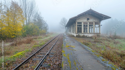 Wallpaper Mural Foggy autumn morning at abandoned railway station. Torontodigital.ca
