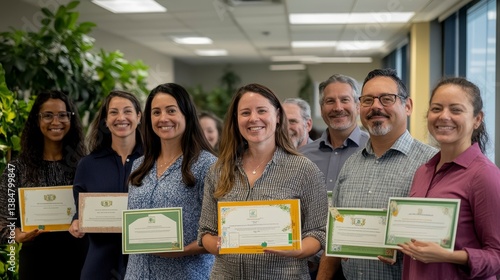 Group of Happy Professionals Holding Awards in Modern Office Setting