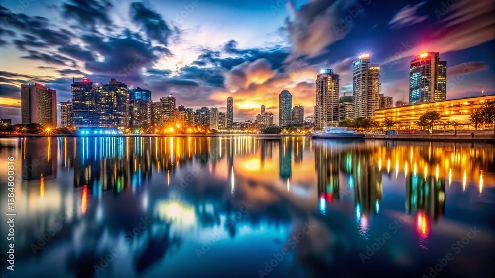 Fototapeta premium City Night Reflections - Urban Lights Mirrored in Still Water