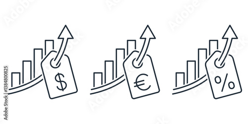 Rising prices of goods, services. Inflation, tariffs, taxes. Set of vector linear icons isolated on white background.