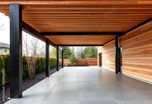 Modern carport design, sleek black metal frame, warm wood paneling, concrete floor, minimalist architecture, outdoor structure, clean lines, contemporary home exterior, functional shelter, open-air ga
