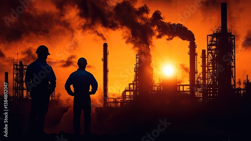Industrial workers stand watch over a large refinery at sunset, amidst plumes of smoke