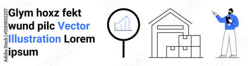 Magnifying glass highlights chart, warehouse holds stacked boxes, professional evaluates clipboard. Ideal for logistics, supply chain, inventory, management, analysis, storage simple landing page