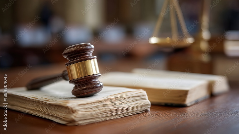 Close-up of Gavel on Legal Documents, Symbolizing Justice and Legal Consequences, with Blurred Courtroom Background Close-up of Gavel on Legal Documents, Symbolizing Justice and Legal Consequences, with Blurred Courtroom Background