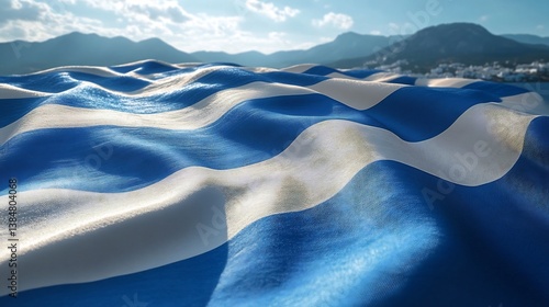 Obraz na plátně Greek Flag Waving with Coastal Background.