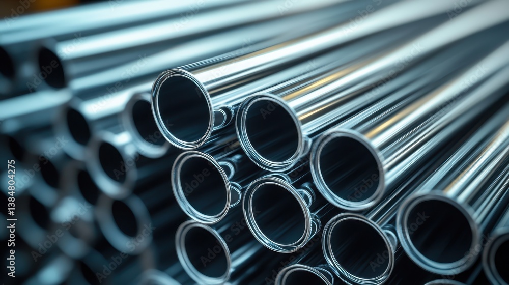 Shiny, metallic pipes are stacked closely together in a large bundle. Use this for plumbing, construction, or industrial themed backgrounds. Shiny, metallic pipes are stacked closely together in a large bundle. Use this for plumbing, construction, or industrial themed backgrounds.