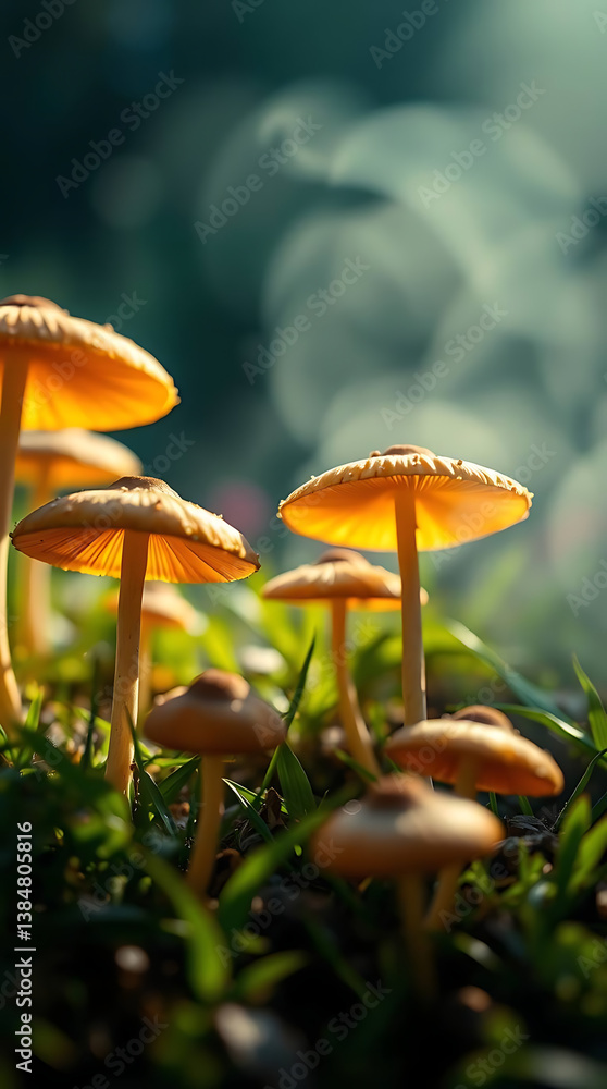 Fototapeta premium Nature of mushrooms in garden using as cover page background, created by generative ai