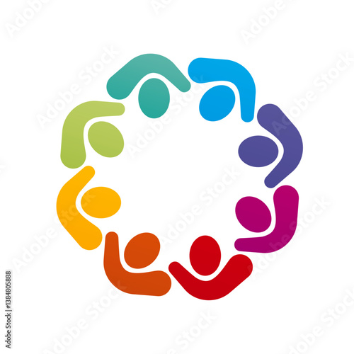 colorful circular logo with eight abstract human figures holding hands, symbolizing unity, teamwork, and community on a white background