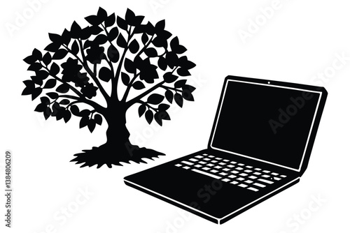 Working on a Laptop Outdoors Under a Tree Vector


