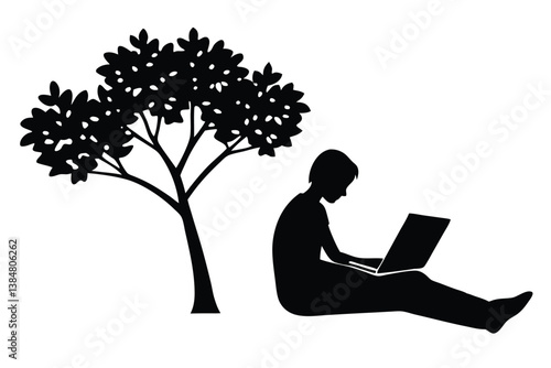 Working on a Laptop Outdoors Under a Tree Vector

