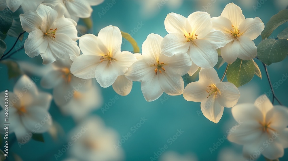 Fototapeta premium Close-up of delicate white flowers blooming on a branch against a teal background.