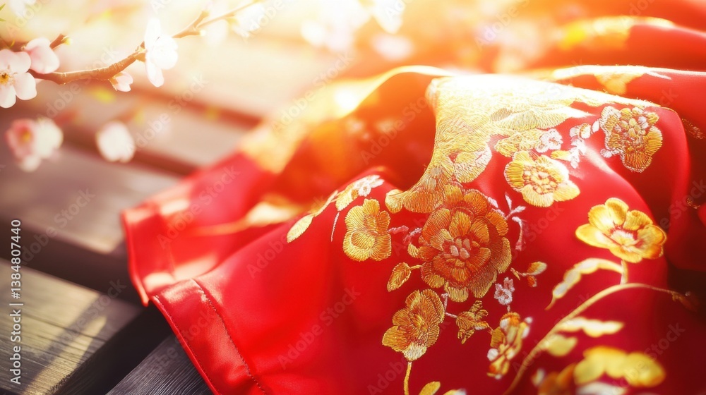 Fototapeta premium Chinese Youth Day:Vibrant red silk scarf with golden embroidery, symbolizing youth and vitality, set against soft spring blossoms
