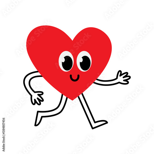 Running heart cartoon character with a smile. Happy and energetic heart on the run.