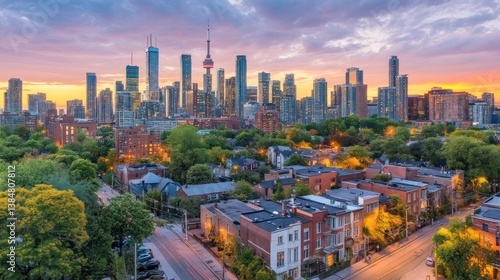 Panoramic urban landscape of Toronto at dusk featuring architecture
