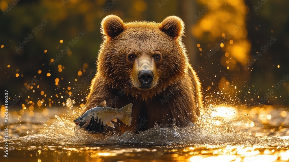 Obraz premium Brown bear catching salmon in a river at sunset.