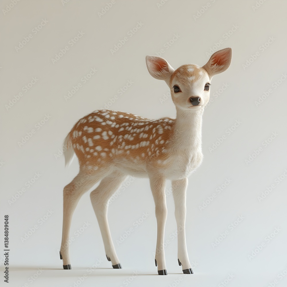 An adorable spotted fawn stands gracefully on a plain white background ideal for children's illustrations and nature projects. An adorable spotted fawn stands gracefully on a plain white background ideal for children's illustrations and nature projects.