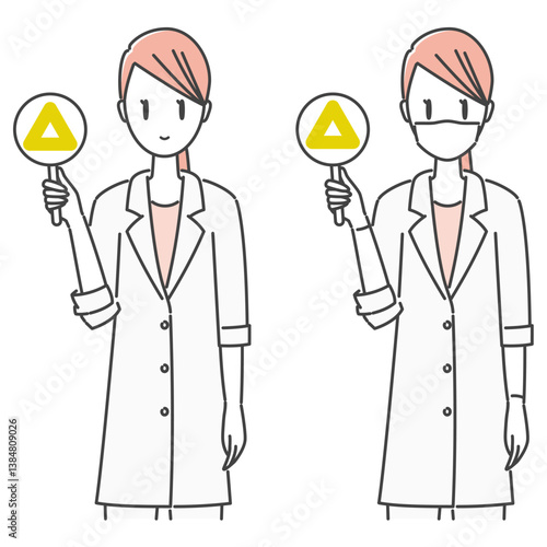 イラスト素材：クイズで△・三角・微妙な表情の、白衣の女性医師・歯科医師（シンプル・モノトーン）