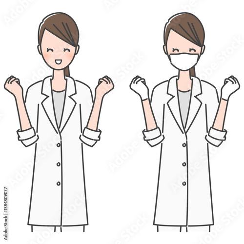 イラスト素材：ハッピー、笑顔で喜ぶポーズの女性医師・女性歯科医師（素顔・マスク）
