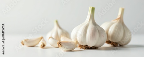 Close-up of individual garlic bulbs with their green stems and papery skin, set on a minimalist white surface, showcasing the bulb's details , food, garlic