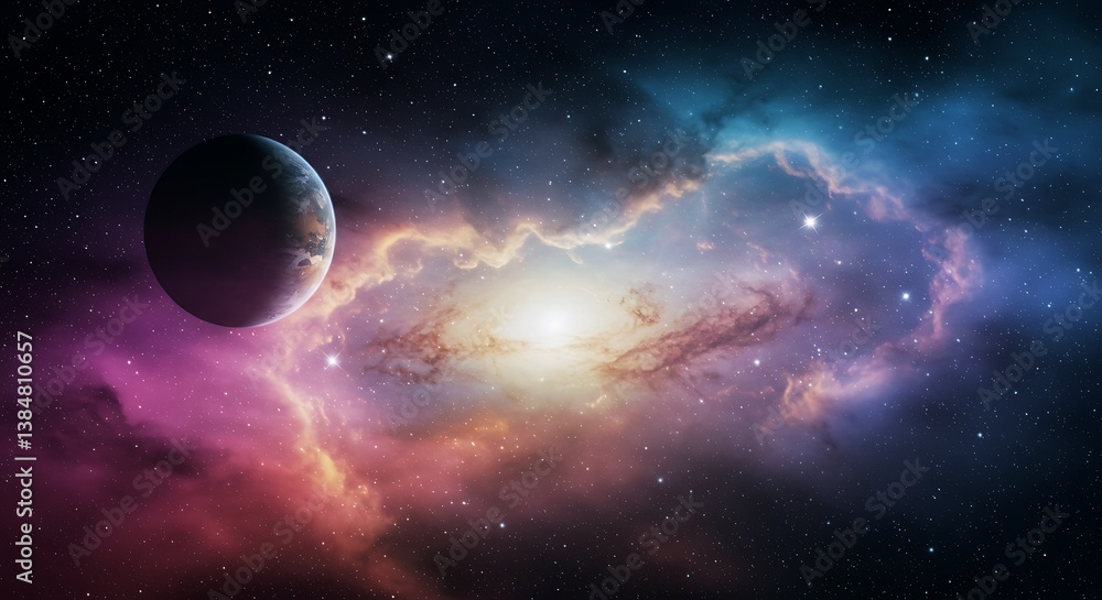 Obraz premium Cosmic Bloom and Distant Shore AI Generated