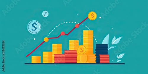 Abstract financial growth chart with upward trend and stacked coins illustration, created by ai generated