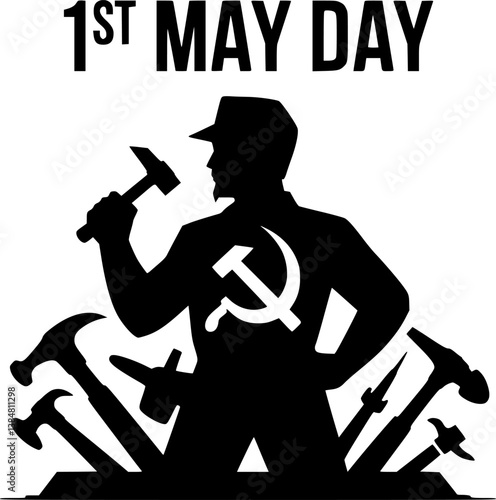 Silhouette of a worker with hammers and the communist symbol for May Day.