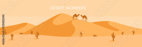 Minimalist vector illustration of a desert landscape with "Desert Wonders" text and camels