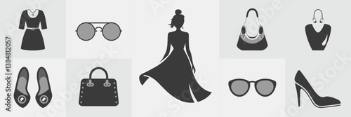 Modern vector icon set of fashion and accessories with a woman’s silhouette, sunglasses, handbag, and high heels in monochrome style