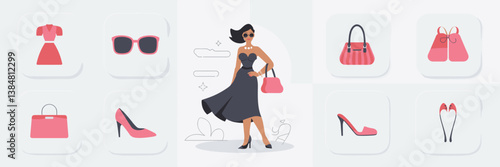 Vector icon set of fashion and accessories featuring clothing, sunglasses, handbags, and high heels