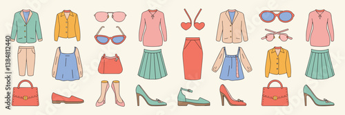 Fashion and accessories vector icon set with clothing, sunglasses, handbags, and high heels – Suitable for fashion marketing, e-commerce visuals, or lifestyle design.